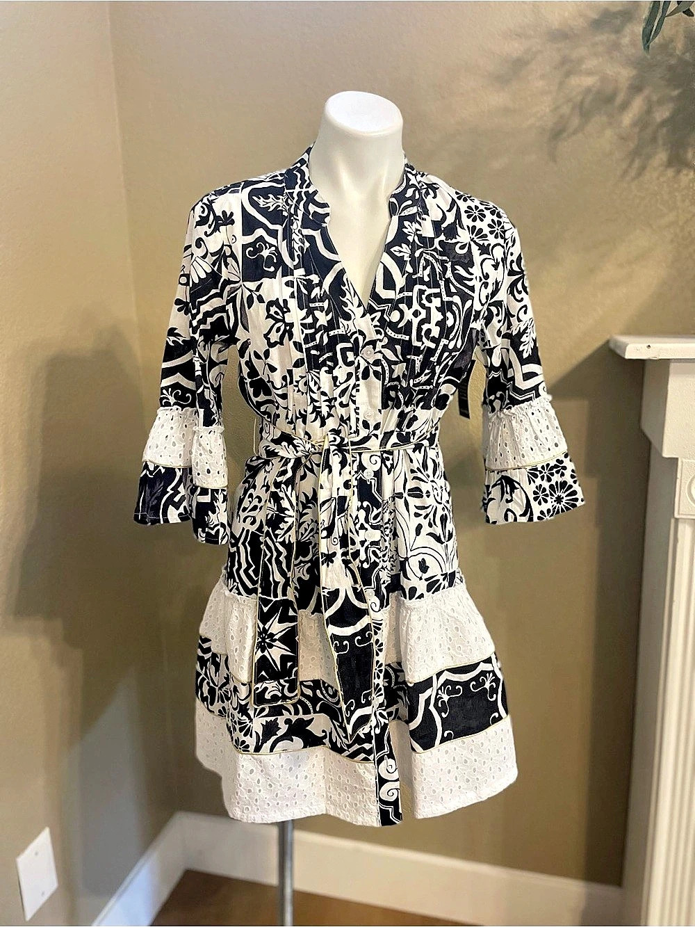 NWT Boston Proper Black White Tile Print Eyelet Trim Linen Blend Shirt Dress Min